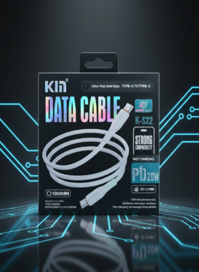 KIN K-S22 Ultra-Fast Data Sync Type-C to Type-C Cable – 20W PD Fast Charging 1000mm Silicone Cord